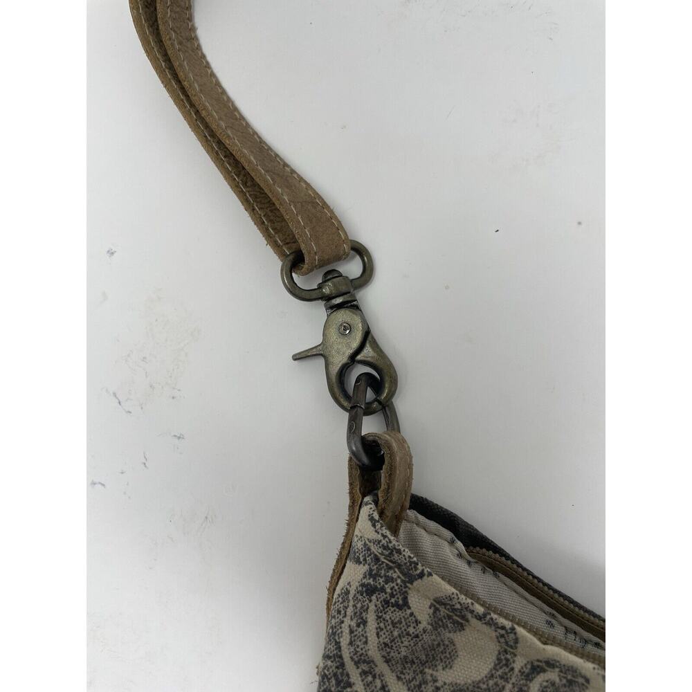 MYRA Purse Canvas Leather Cowhide Shoulder Bag Floral Gray Tan - Picture 4 of 12